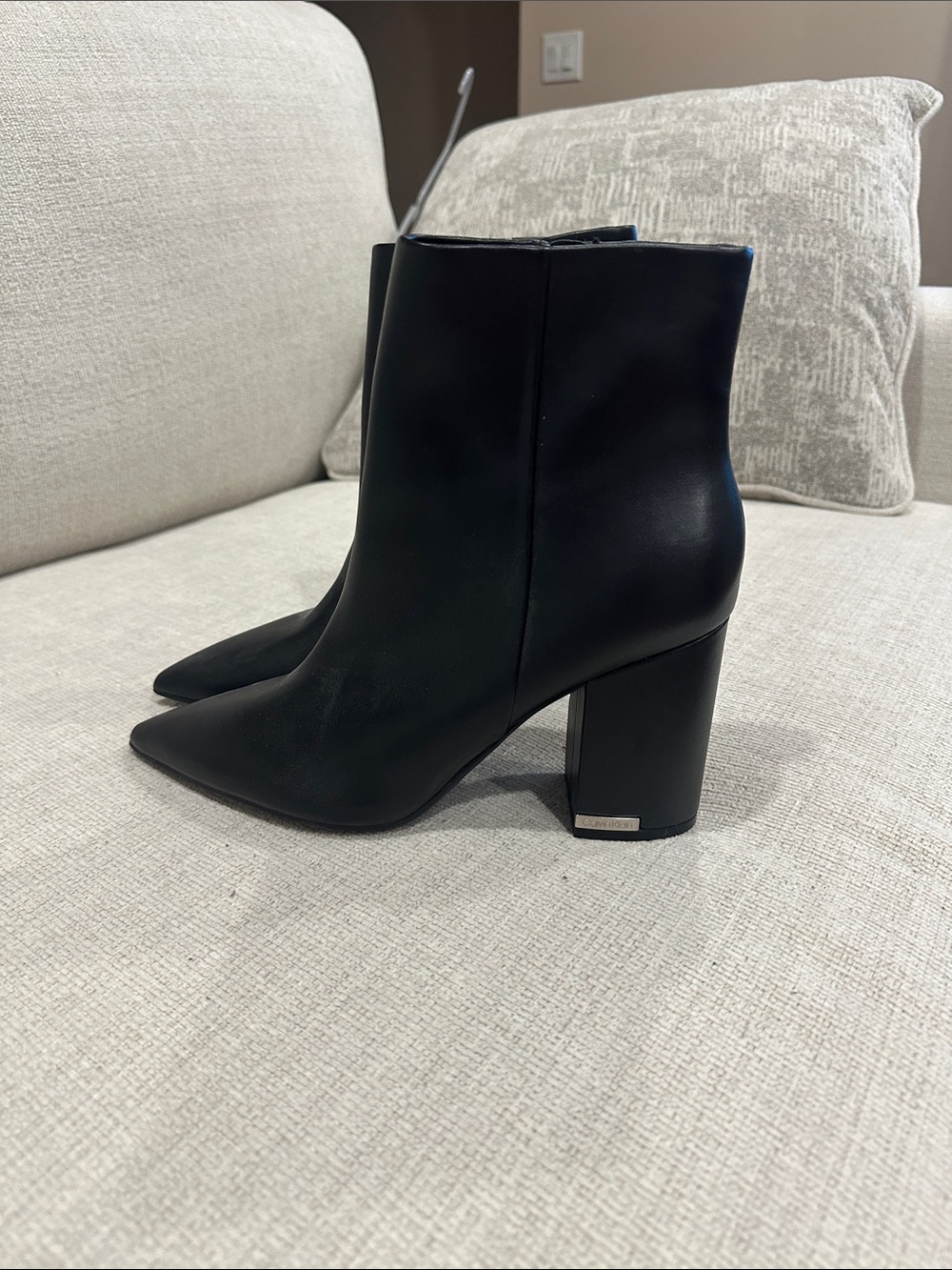Calvin Klein Black Leather Pointed Toe Block Heel Ankle Boots